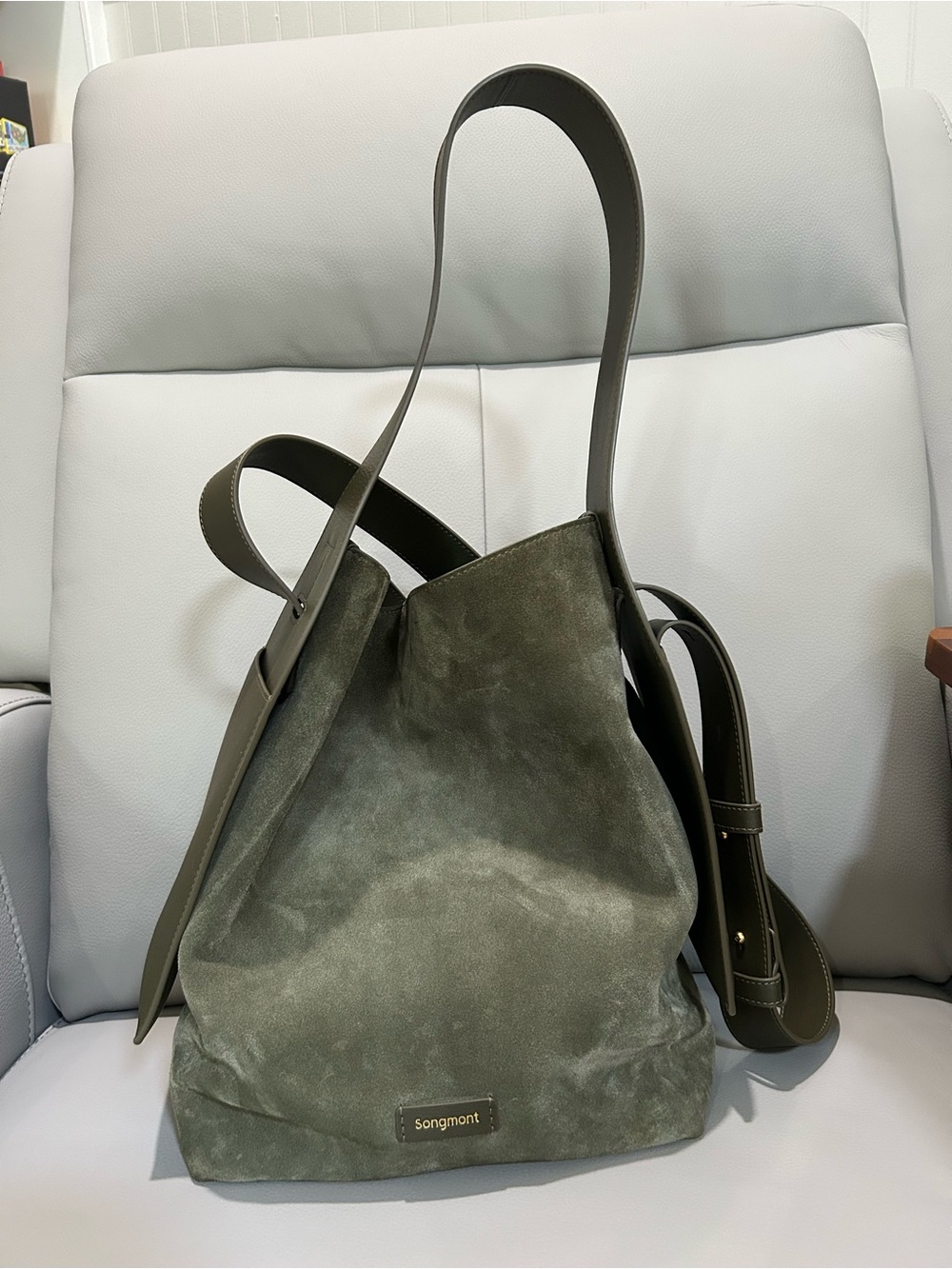 Songmont Medium Drippy Tote Bag Olive Suede Genuine Leather